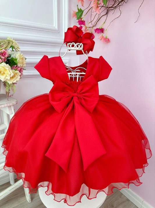 Vestido infantil rojo con busto plisado y flores para fiestas navideñas