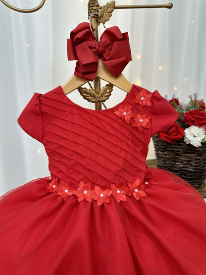 Vestido infantil rojo con busto plisado y flores para fiestas navideñas