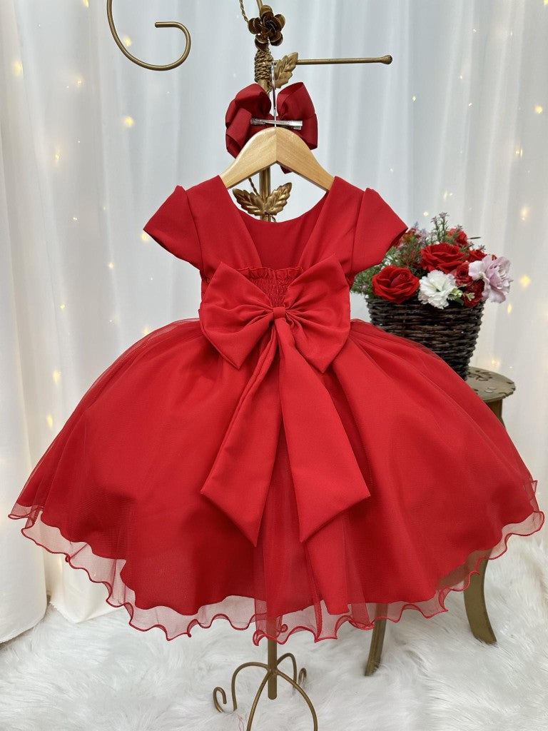 Vestido infantil rojo con busto plisado y flores para fiestas navideñas
