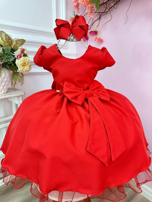 Vestido infantil rojo con aplique de lazo para damas de lujo