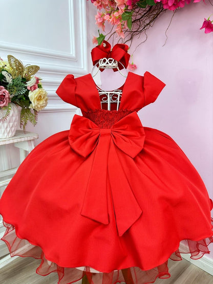 Vestido infantil rojo con aplique de lazo para damas de lujo