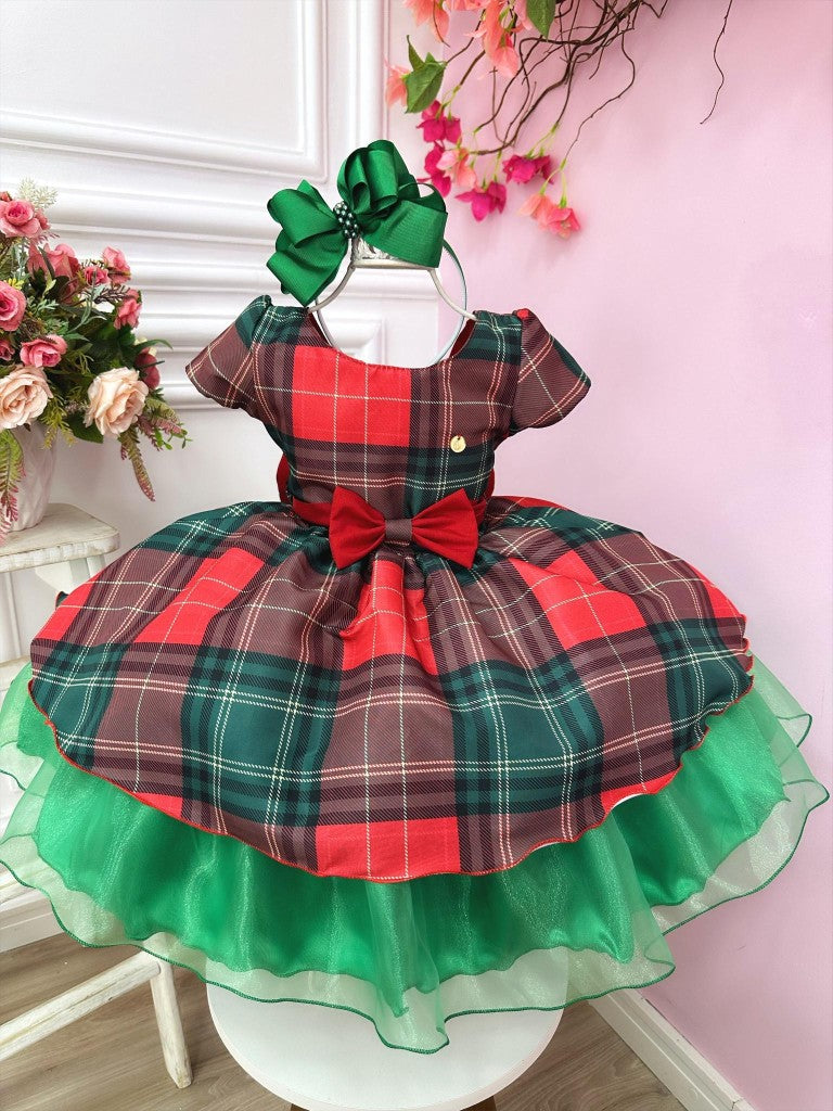 Vestido infantil de cuadros rojos con coloridas fiestas navideñas