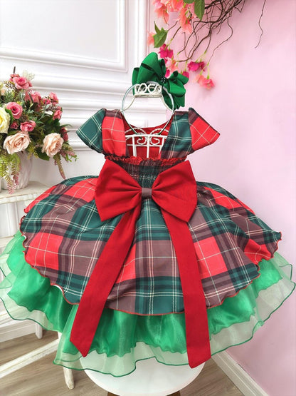 Vestido infantil de cuadros rojos con coloridas fiestas navideñas