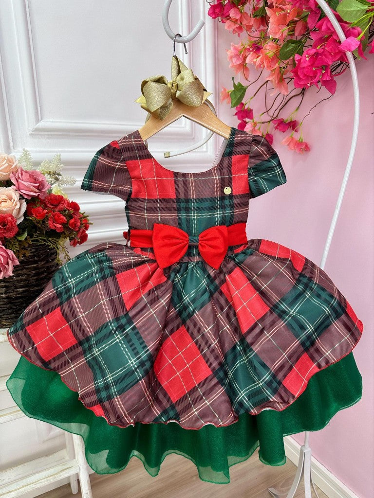 Vestido infantil de cuadros rojos con coloridas fiestas navideñas