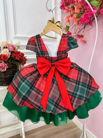 Vestido infantil de cuadros rojos con coloridas fiestas navideñas