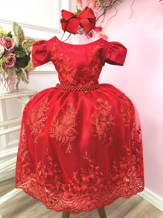 Vestido infantil rojo con encaje real y cinturón de perlas