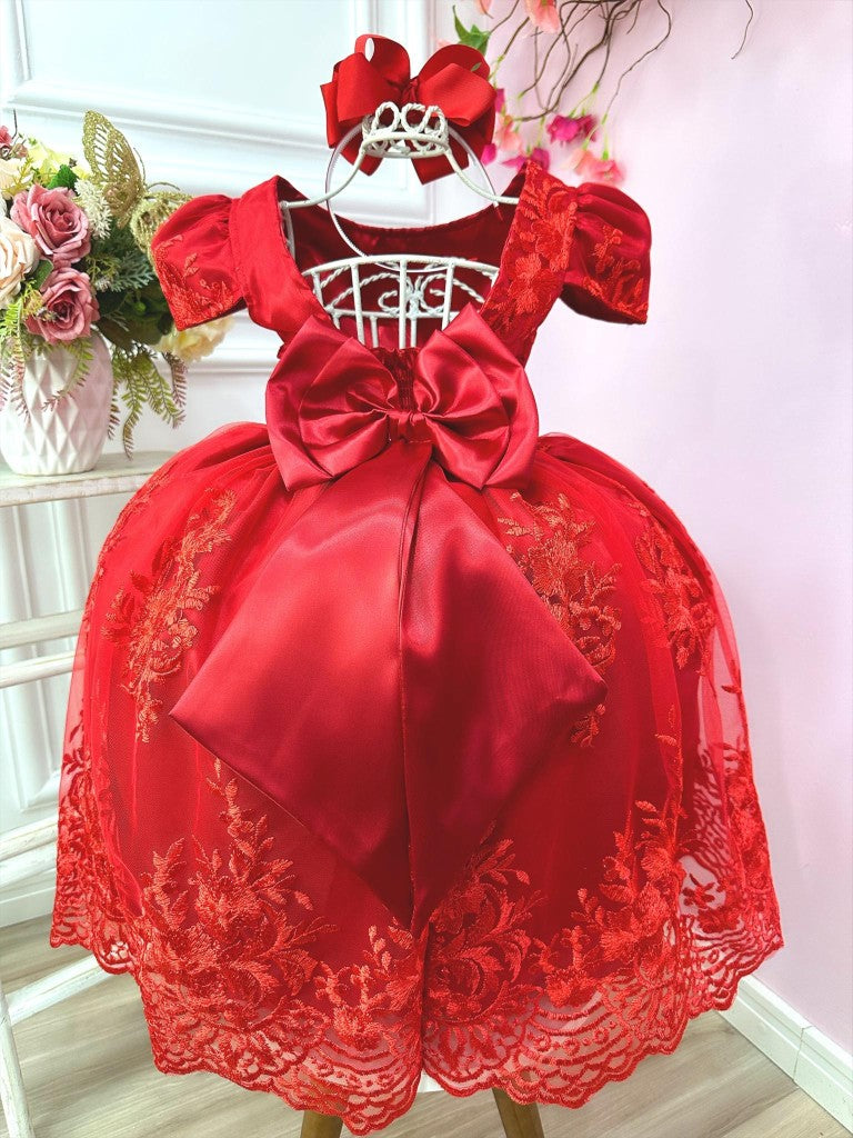 Vestido infantil rojo con encaje real y cinturón de perlas