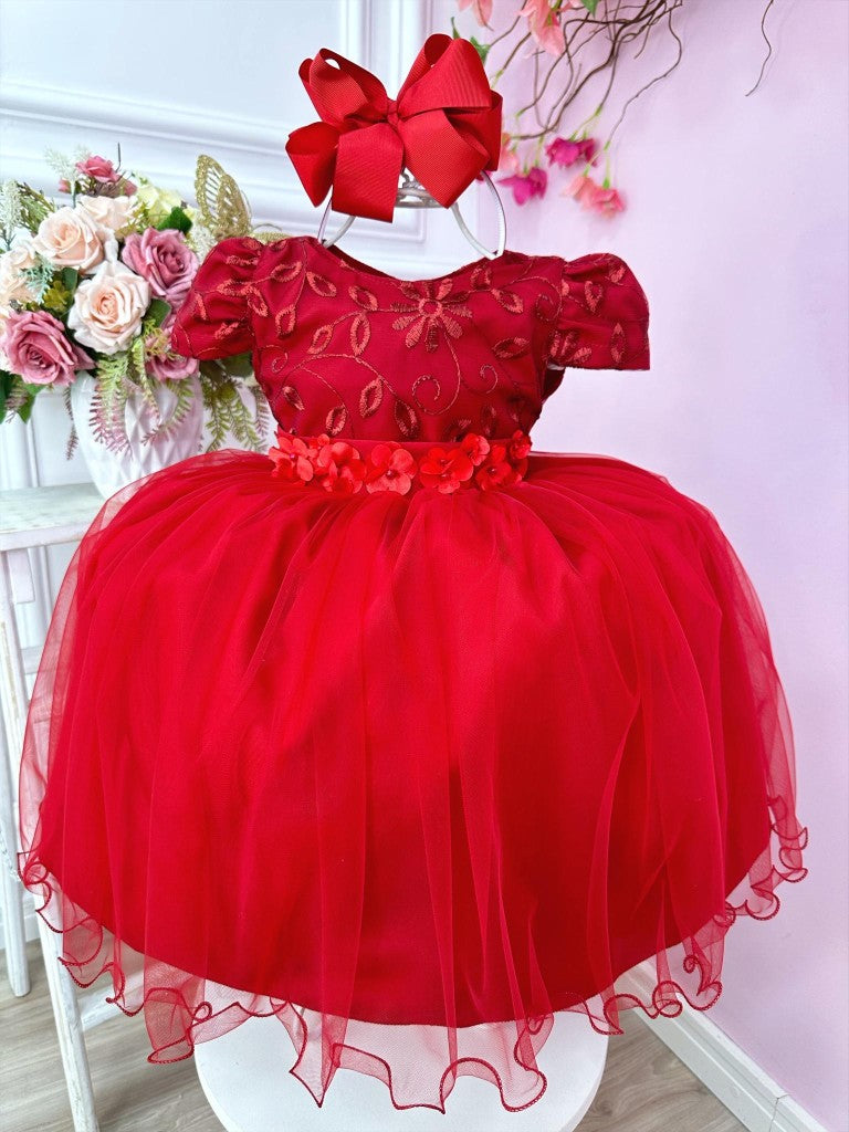 Vestido de fiesta infantil rojo con encaje y apliques de flores
