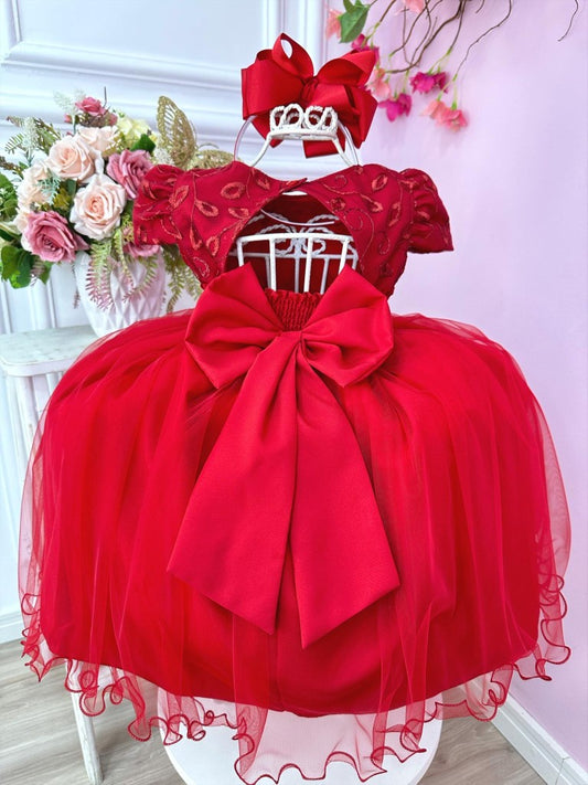 Vestido de fiesta infantil rojo con encaje y apliques de flores