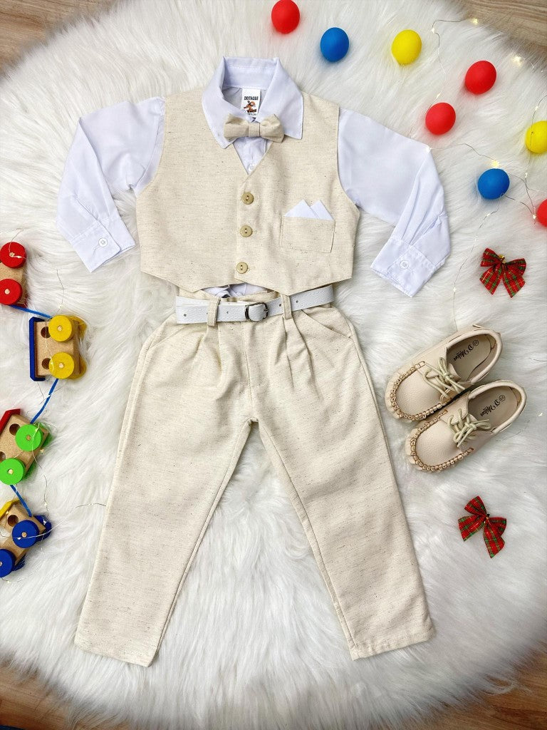 Conjunto Formal Camisa Blanca y Chaleco Pantalón Corbata Marfil
