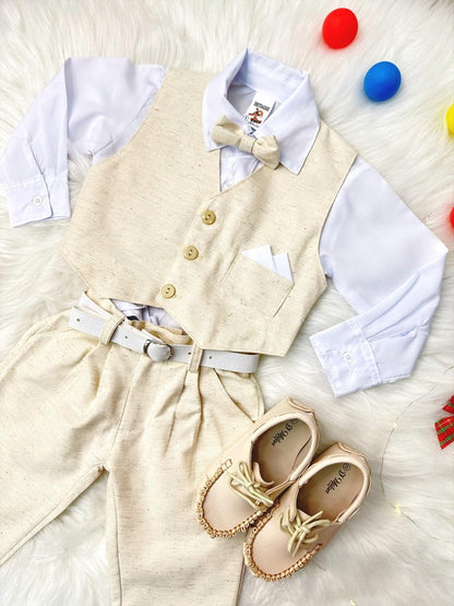 Conjunto Formal Camisa Blanca y Chaleco Pantalón Corbata Marfil