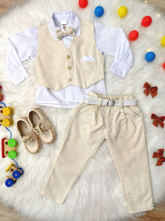 Conjunto Formal Camisa Blanca y Chaleco Pantalón Corbata Marfil