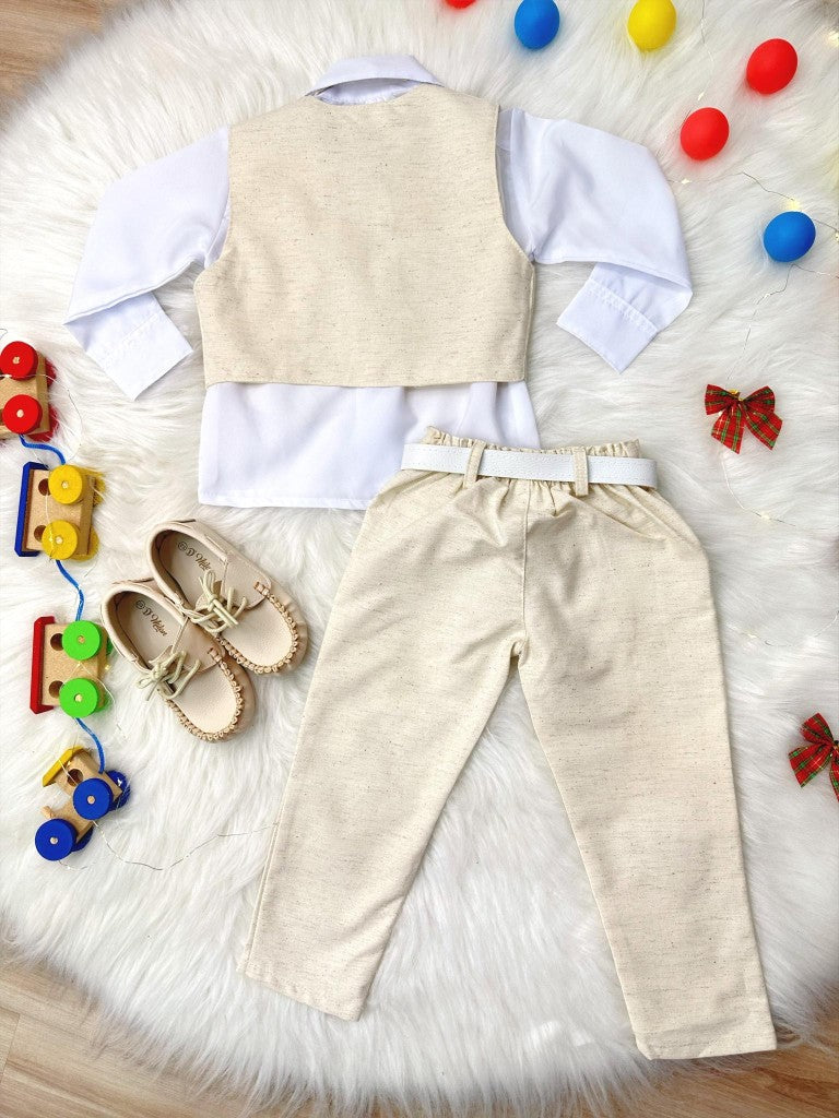 Conjunto Formal Camisa Blanca y Chaleco Pantalón Corbata Marfil