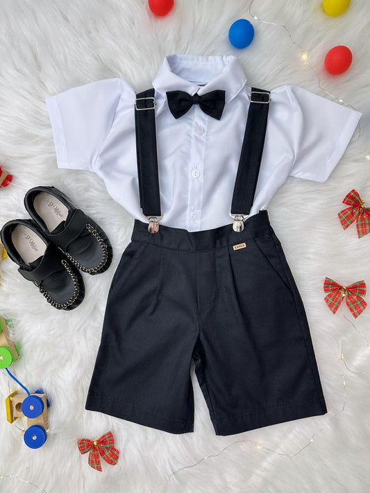 Conjunto formal, camisa, corbata, pantalones cortos y tirantes negros