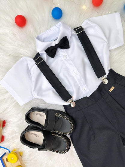 Conjunto formal, camisa, corbata, pantalones cortos y tirantes negros