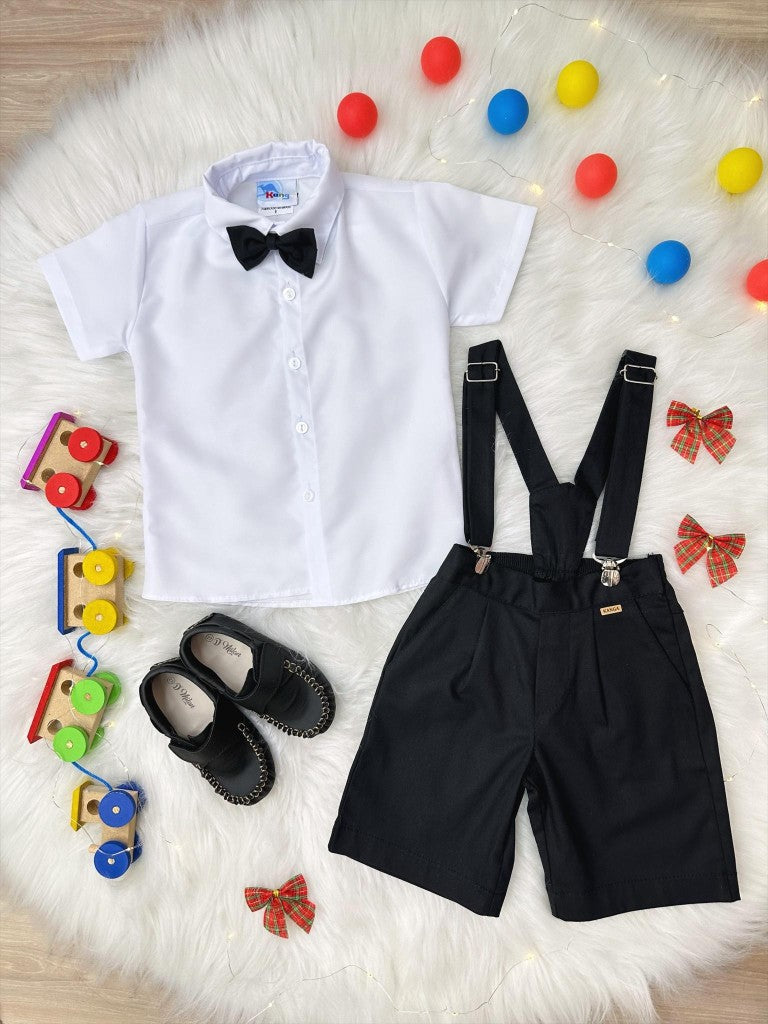 Conjunto formal, camisa, corbata, pantalones cortos y tirantes negros