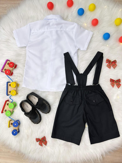 Conjunto formal, camisa, corbata, pantalones cortos y tirantes negros