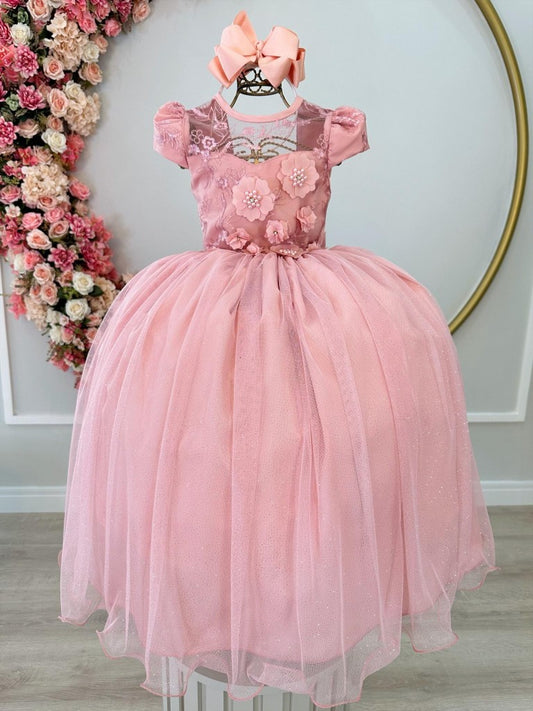 Vestido infantil rosa con apliques de flores y encaje de lujo para dama