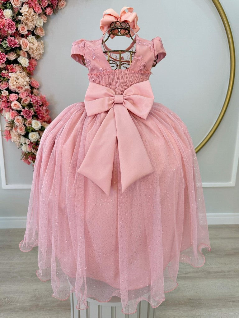 Vestido infantil rosa con apliques de flores y encaje de lujo para dama