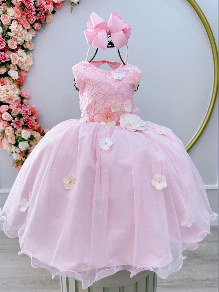 Vestido infantil de lujo rosa con apliques de flores y encaje