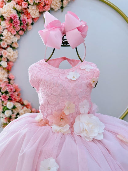 Vestido infantil de lujo rosa con apliques de flores y encaje