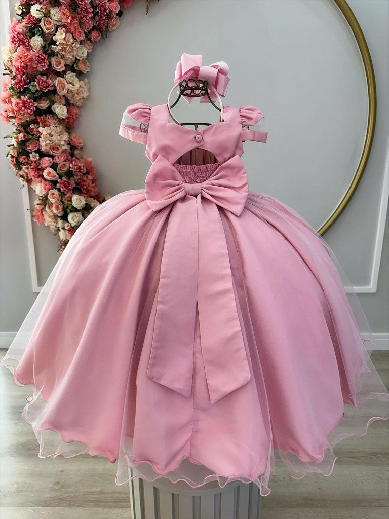 Vestido infantil rosa con busto acanalado y cinturón de perlas