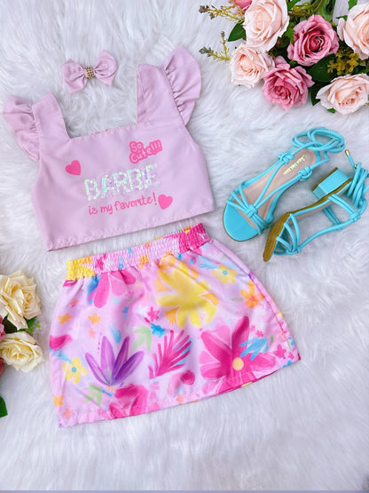 Conjunto infantil Barbie rosa con falda y lazo de colores