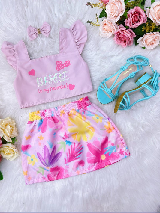 Conjunto infantil Barbie rosa con falda y lazo de colores