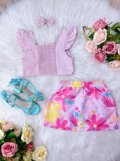 Conjunto infantil Barbie rosa con falda y lazo de colores