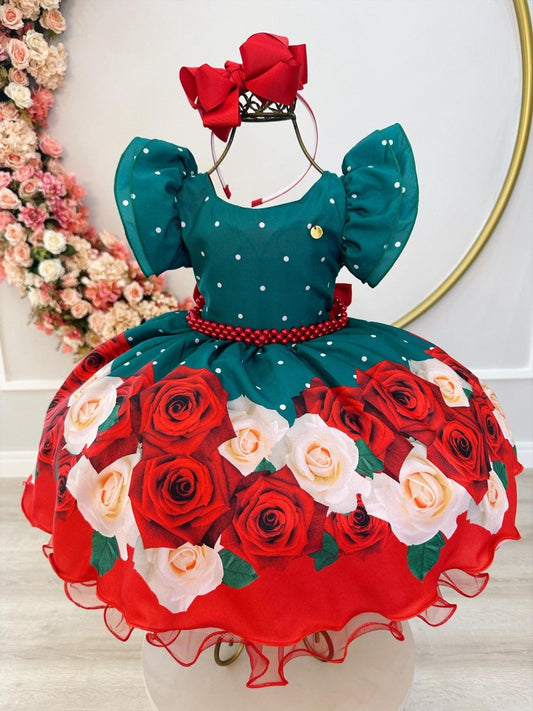 Vestido infantil con flores verdes y cinturón de perlas para fiestas navideñas