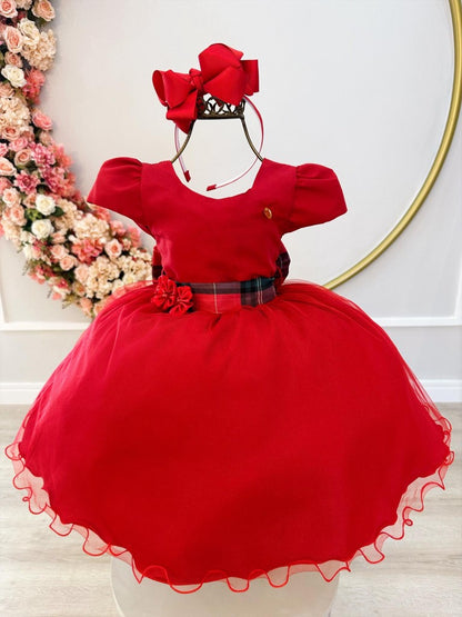 Vestido infantil rojo con broche de flores para fiestas navideñas