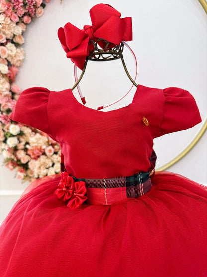 Vestido infantil rojo con broche de flores para fiestas navideñas