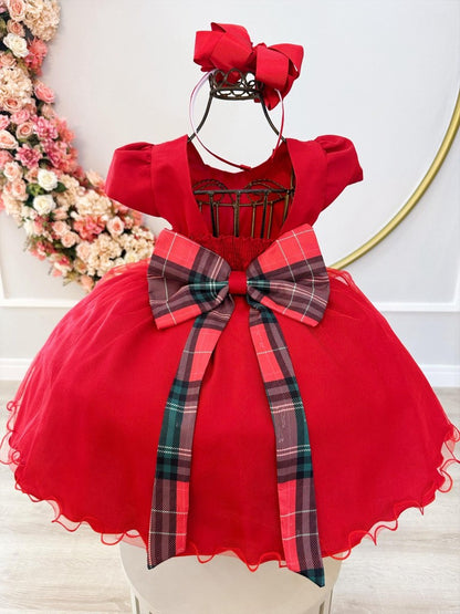 Vestido infantil rojo con broche de flores para fiestas navideñas