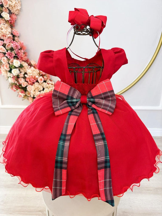 Vestido infantil rojo con broche de flores para fiestas navideñas