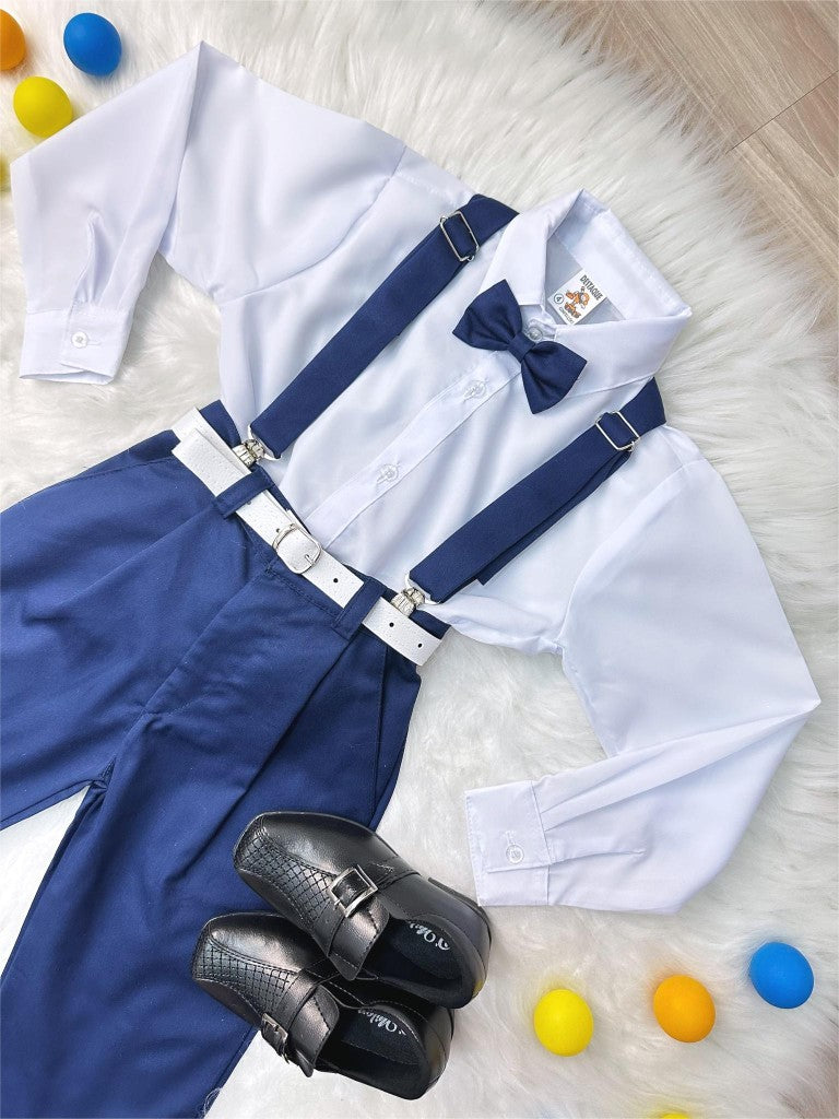 Conjunto de camisa formal azul marino, pantalón, corbata y tirantes 