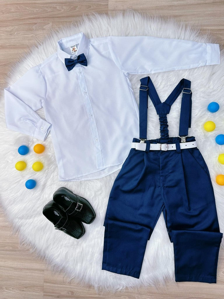 Conjunto de camisa formal azul marino, pantalón, corbata y tirantes 