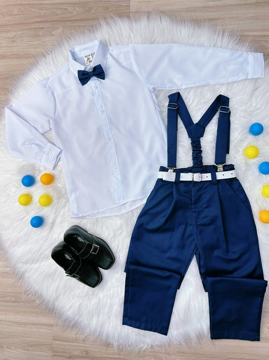 Conjunto de camisa formal azul marino, pantalón, corbata y tirantes 
