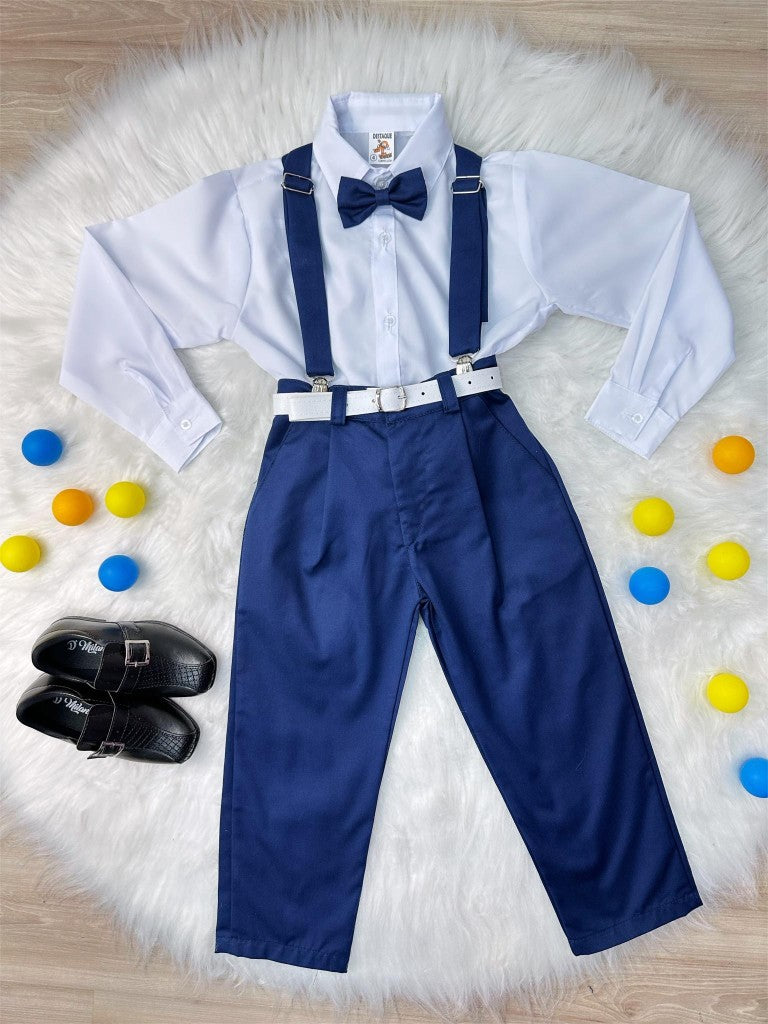 Conjunto de camisa formal azul marino, pantalón, corbata y tirantes 