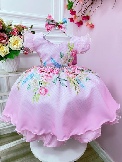 Vestido infantil con flores rosas, lazo y cinturón de perlas para fiestas