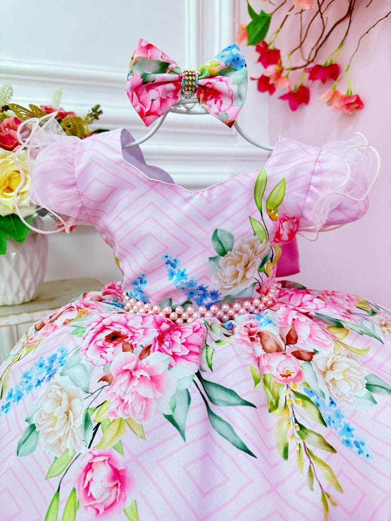 Vestido infantil con flores rosas, lazo y cinturón de perlas para fiestas