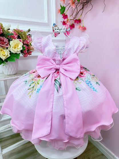 Vestido infantil con flores rosas, lazo y cinturón de perlas para fiestas