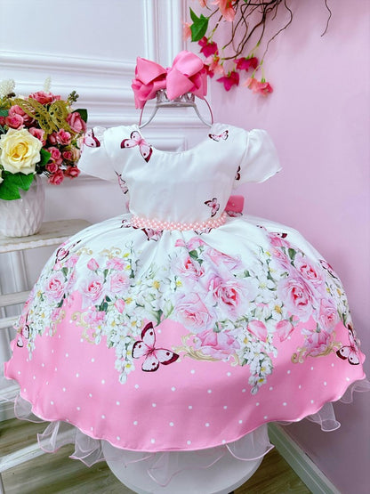Vestido infantil blanco floral rosa con cinturón de perlas para fiestas