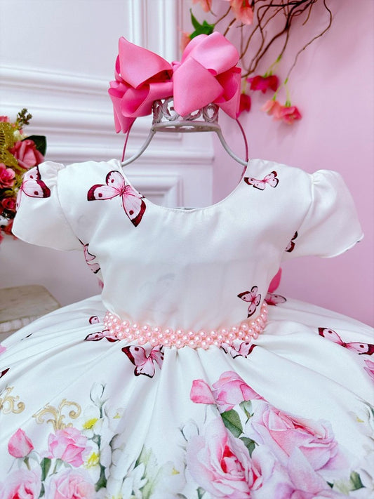 Vestido infantil blanco floral rosa con cinturón de perlas para fiestas