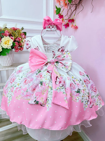 Vestido infantil blanco floral rosa con cinturón de perlas para fiestas