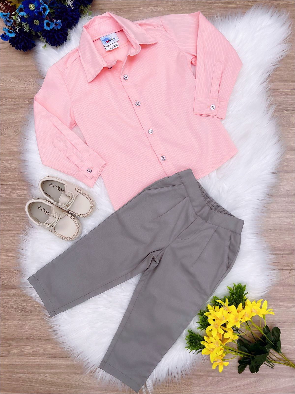 Conjunto Formal Camisa Salmón y Pantalón de Sarga Gris 