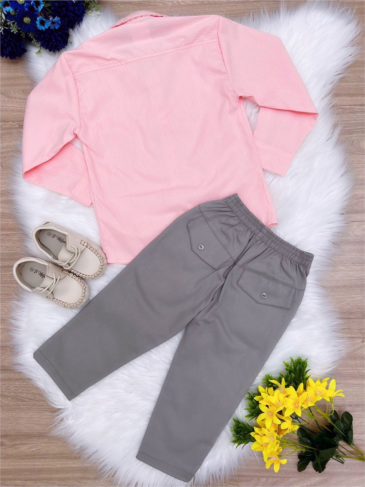 Conjunto Formal Camisa Salmón y Pantalón de Sarga Gris 