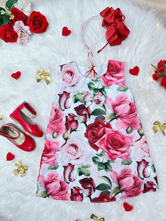Vestido trapecio blanco infantil con flores rosas para fiestas