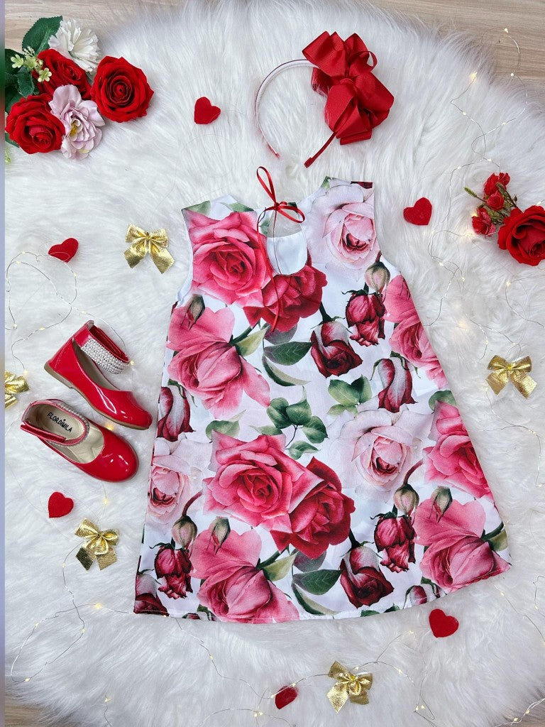 Vestido trapecio blanco infantil con flores rosas para fiestas
