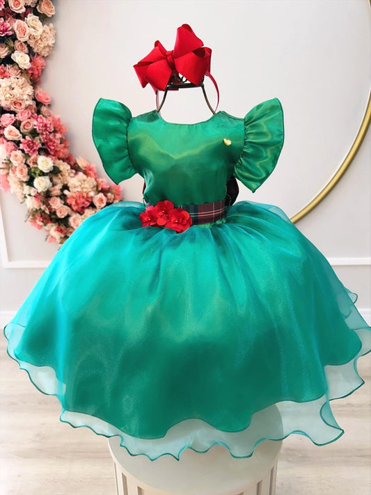 Vestido infantil verde con broche de flores para fiestas navideñas