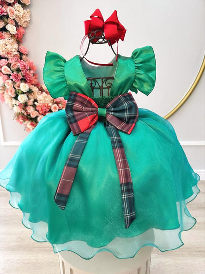 Vestido infantil verde con broche de flores para fiestas navideñas